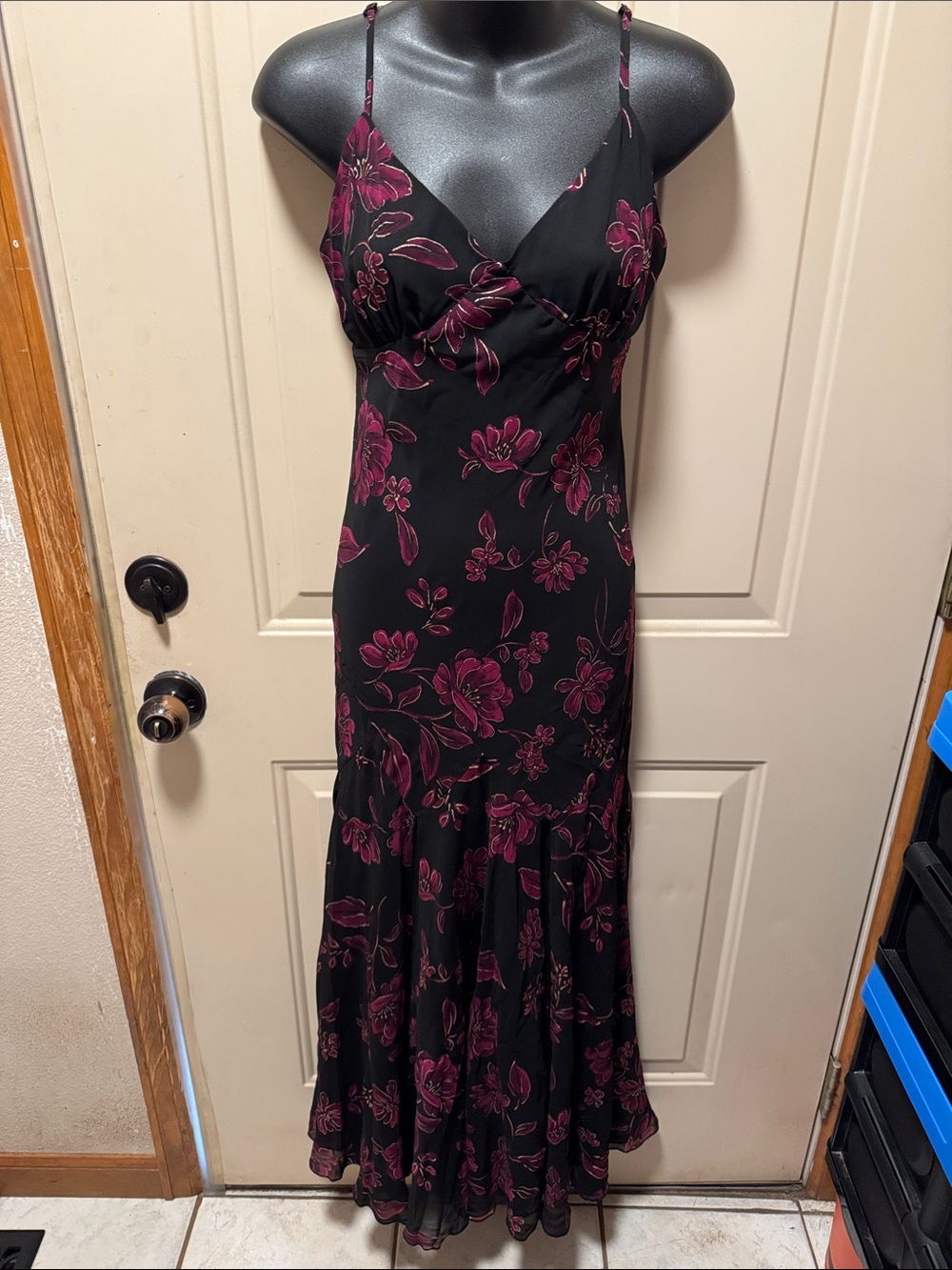 Betsey Johnson Black Maxi Dress with Plum Floral Print 2000 collection